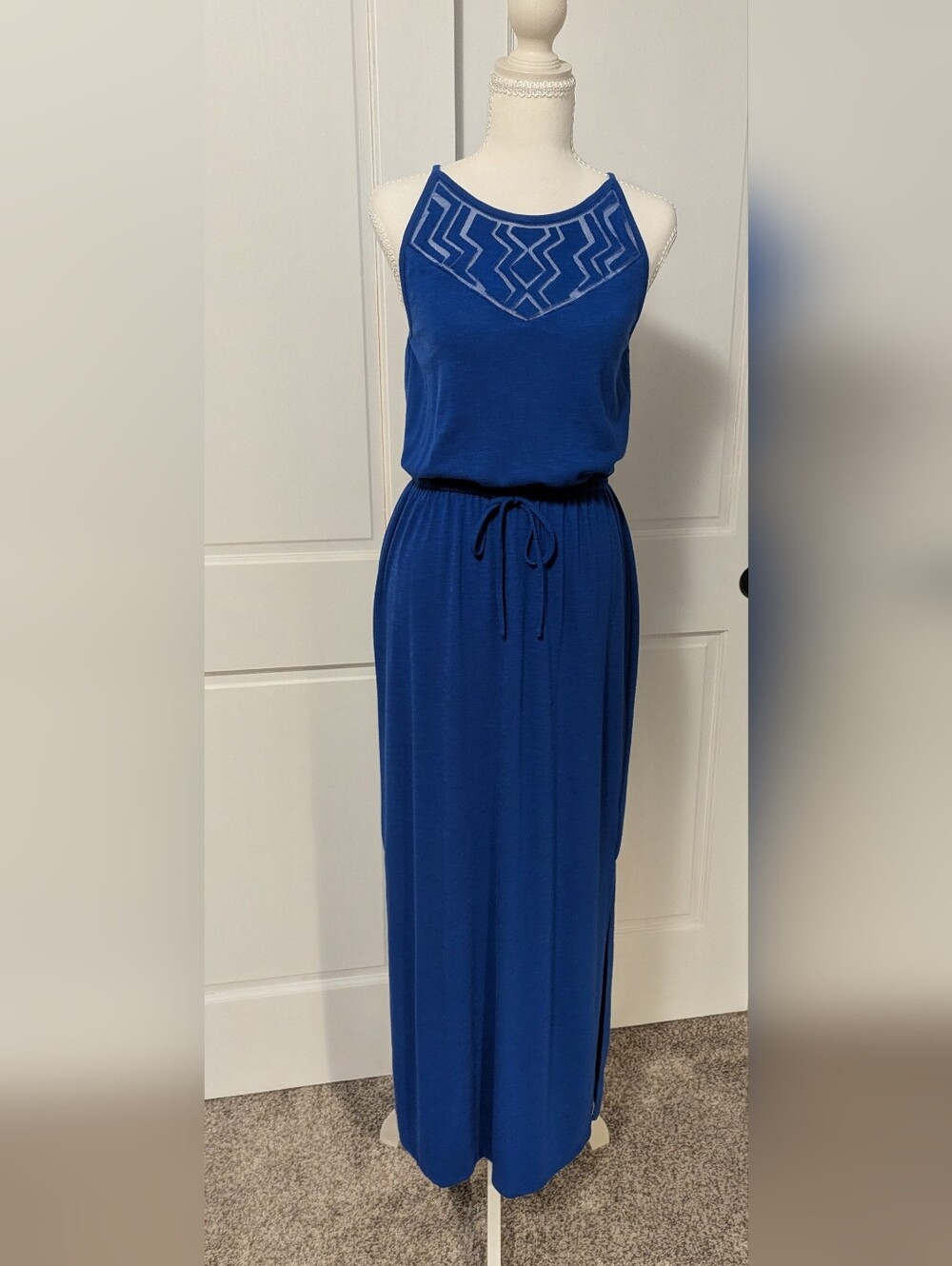 Blue Sleeveless Maxi Dress with Drawstring Waist